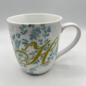 Pier 1 AVA Monogram Initial Letter "H" Cup/Mug Embossed Green Blue Porcelain
